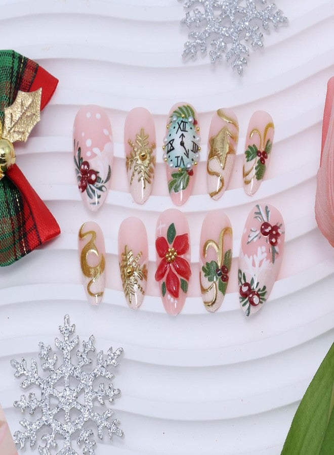 KRTBKR 24Pcs Christmas Press on Nails Medium Almond French Tip Fake Nails Clock with 3D Gold Bead Rhinestones Design Gold Snowflakes Glue on Nails Moon Star False Nails for Women Acrylic New Year Holiday DIY - Image 5